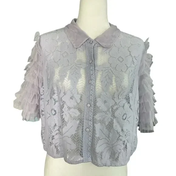 Free People Women’s Madonna Semi-Sheer Lace Cropped Top Blouse Lilac Size XL - Picture 3 of 9